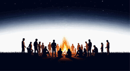 Fototapeta premium Group of People Gathering Around Campfire Under Starry Night Sky Silhouette