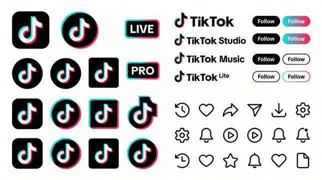 TikTok social media app icons, brand logos and interface buttons set