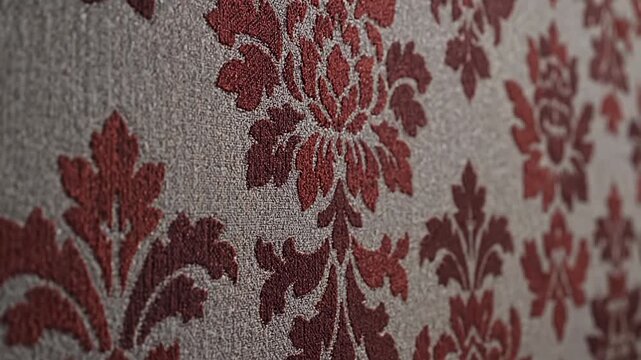 Classic red damask floral pattern on textured fabric background.