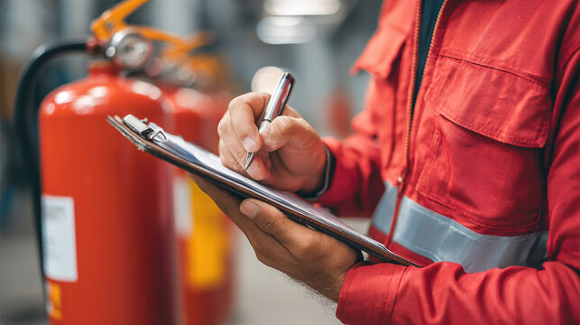 Fire Extinguisher Inspection Safety Worker Clipboard Red Uniform Industrial Checklist Maintenance
