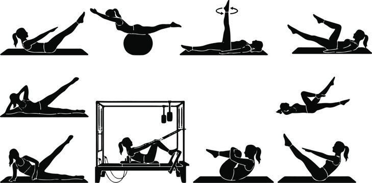 Comprehensive Pilates and core fitness silhouette icon set featuring mat exercises reformer machine swiss ball and healthy lifestyle workout poses