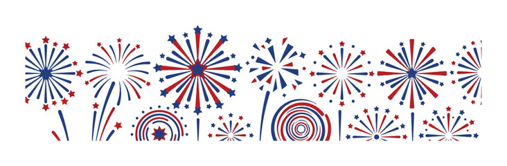 Fototapeta premium Festive fourth of july firework border with stars and stripes in traditional red and blue palette.