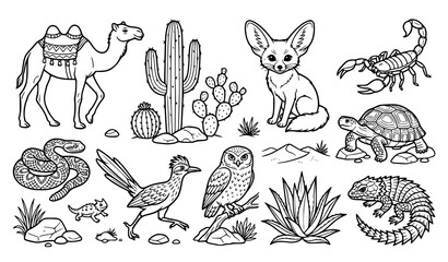 Detailed Desert Wildlife Illustration Bundle for Coloring Books © Madhobe