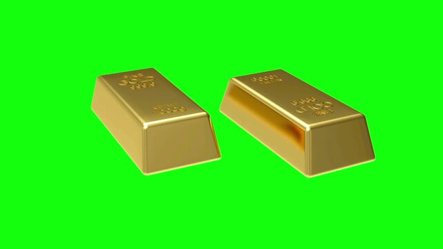 Two shiny gold bars rotate and shift across a bright green chroma key background, 3D animation