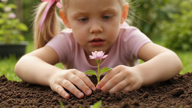 Little girl carefully planting small pink flower seedling in backyard garden soil on grassy lawn close up