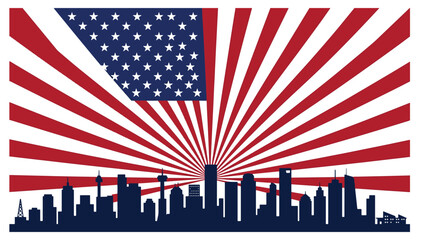 Naklejka premium USA flag rays over city skyline silhouette diverse buildings independence day celebration usa.