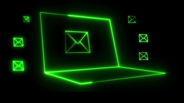 Glowing neon email icon on a laptop screen displaying a message mailbox notification for digital communication concept