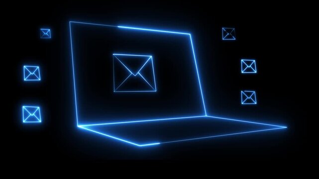 Glowing neon email icon on a laptop screen displaying a message mailbox notification for digital communication concept