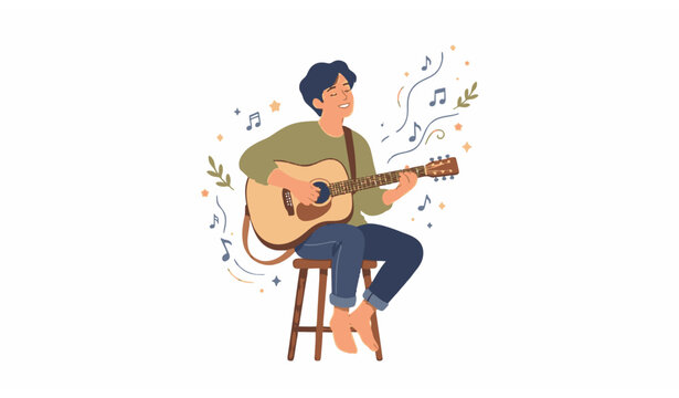 Relaxed young musician playing acoustic guitar in studio style performance scene cartoon vector illustration isolated on white background