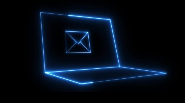 Glowing neon email icon on a laptop screen displaying a message mailbox notification for digital communication concept