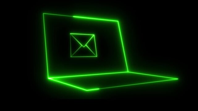 Glowing neon email icon on a laptop screen displaying a message mailbox notification for digital communication concept