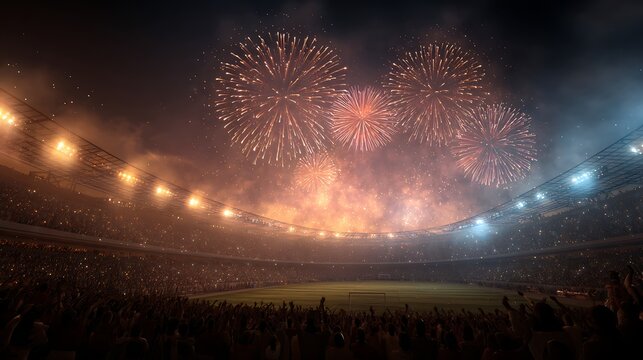 Vibrant fireworks exploding over a dark night sky with a grassy foreground background