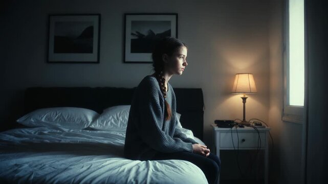 Young woman sitting on edge of bed staring out window in dim bedroom with bedside lamp framed art and folded sheets