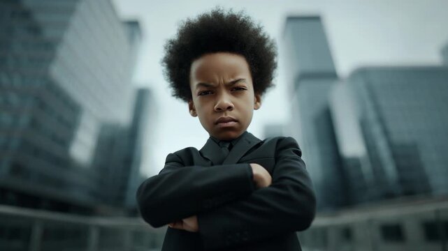 Young boy standing with crossed arms looking serious in front of modern glass office buildings in downtown city plaza during daytime