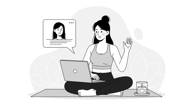 Woman doing online yoga class via laptop, waving hello to instructor on screen, with candle and lotus flower background.