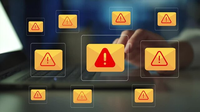 Emails alert spam virus message caution sign for notification on internet threat security. Harmful, junk mail and Trash, Spam email pop up warning.