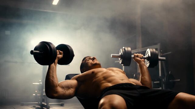 Muscular man performing dumbbell press on incline bench inside dim smoky gym weight room with metal equipment