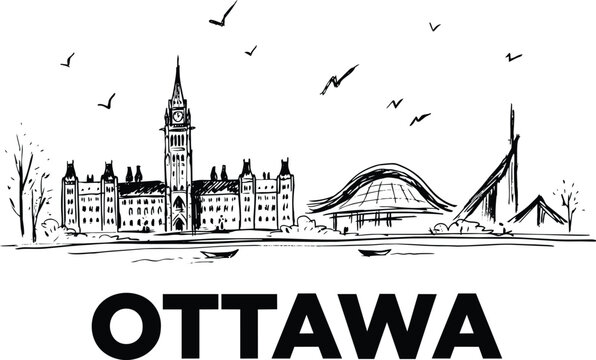 Ottawa city skyline with parliament hill, peace tower and national gallery including flying birds and river boats and North America in outline style