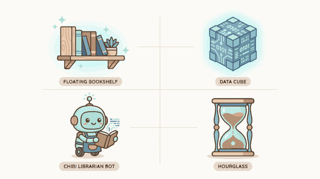 Set of cute vector icons featuring a floating bookshelf data cube learning robot and hourglass.