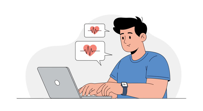 Young Man Using Laptop with Heartbeat EKG Symbols in Speech Bubbles, Representing Health Monitoring and Digital Communication