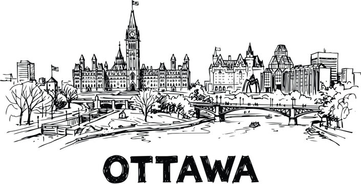 Ottawa skyline illustration with parliament hill and bridges over the river, hand-drawn sketch style vector design and buildings and city in outline s