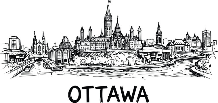 Ottawa skyline panoramic illustration featuring parliament hill buildings and river with boats in sketched style and hand drawn