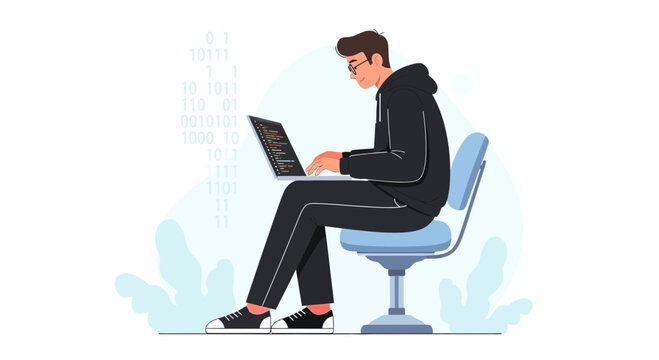 Young programmer in hoodie coding on laptop with binary code background, flat vector illustration
