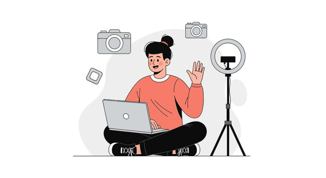 Young woman creating content online with laptop, camera and ring light. Vector illustration.