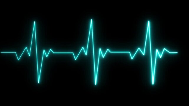 Cyan neon heartbeat line glowing on a dark background representing vital signs and medical monitoring equipment in a clinical environment