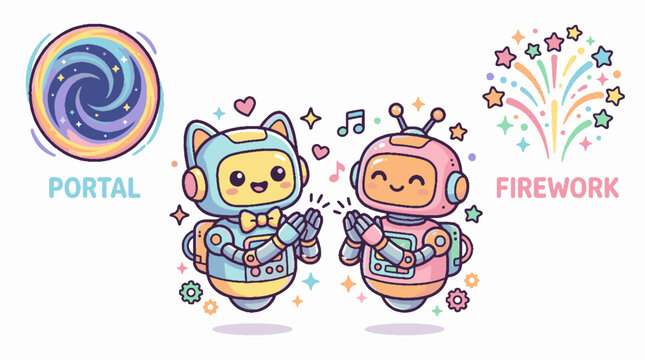 Cute cartoon robots clapping hands with portal and firework icons in kawaii sticker style.