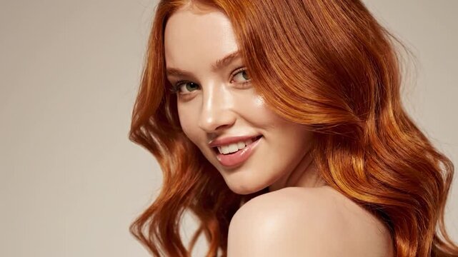 Beautiful young woman with long wavy red hair and glowing skin in studio