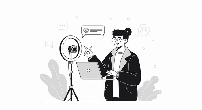 Content Creator with Ring Light, Camera and Laptop - Modern Flat Illustration Style