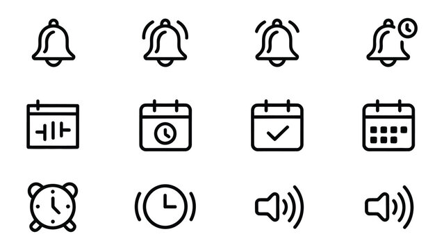 Alarm and notification vector icons, reminder bells calendars clocks and audio alerts for user interface design.
