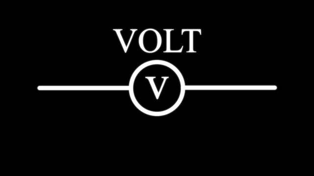 Electrical circuit symbol for voltmeter animation on black background, voltage measurement concept diagram