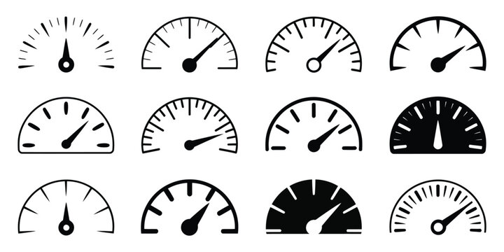 Speedometer Icon Collection Set with Abstract Gauge Scales, Speed Control Symbols, and Acceleration Monitoring Indicators for Modern UI Design