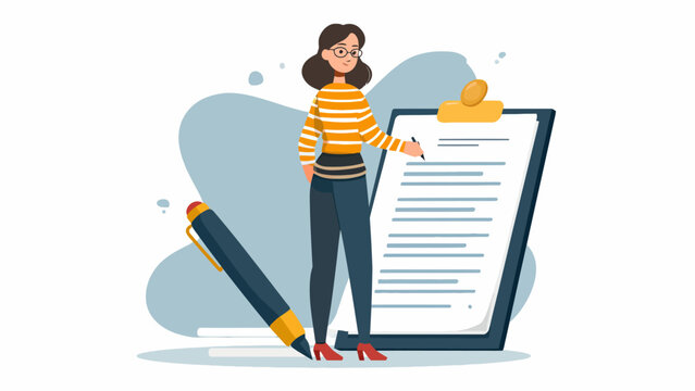 Woman Standing with Clipboard Document.