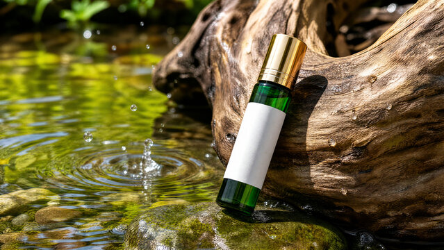Natural green glass roller bottle on mossy rock by splashing water. Organic, earthy product mockup for essential oil, perfume, or skincare themes.