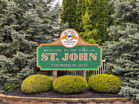 Welcome to St. John, Indiana sign in St. John, Indiana, USA. May 3, 2026