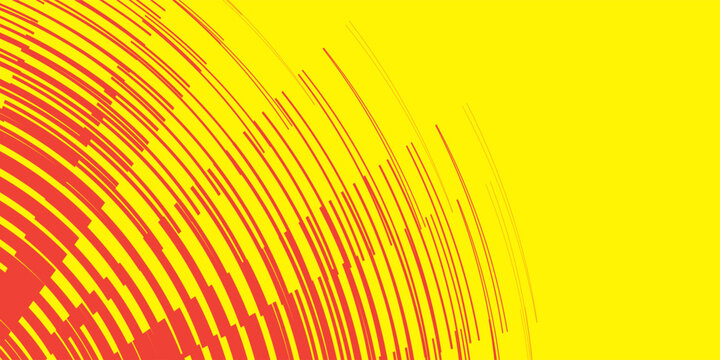 Abstract circular halftone speed lines pattern background. Simple vector illustration of red curved radiating stripes on bright yellow backdrop, comic pop art explosion effect, modern graphic design e