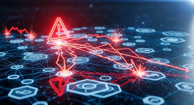 Abstract digital network visualization showing red warning alert signals spreading across connected nodes and data points on dark tech background