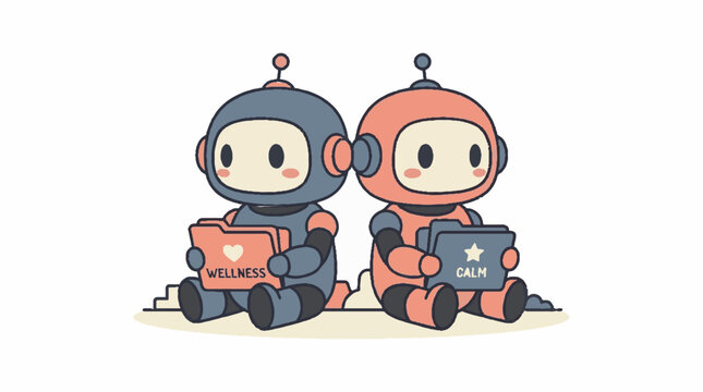 Cute cartoon robots sitting back to back holding wellness and data folders vector illustration.