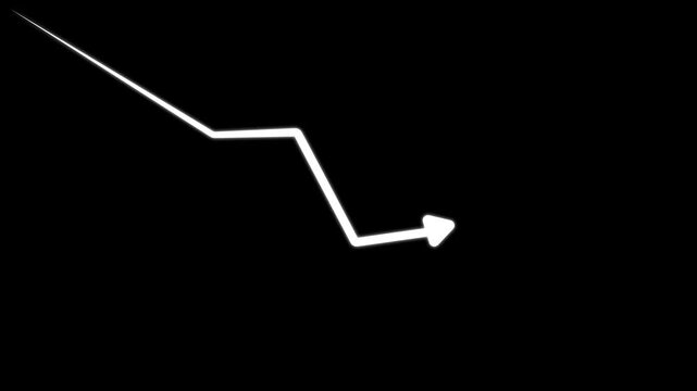 Hand-drawn downward trend arrow animation on black background, for financial data, visualization and business reports