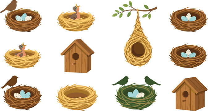 Cute Bird Nest and Wooden Birdhouse Vector Icon Set Featuring Spotted Eggs Newborn Chicks and Hanging Weaver Nest Designs