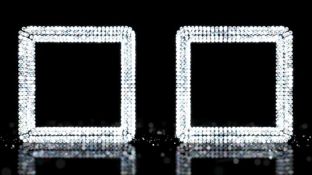 Two distinct square frames of shimmering diamond particles on an obsidian-black surface, reflecting their ethereal, pulsating glow. Breathtaking animated glitter effect, opulent luxury design concept