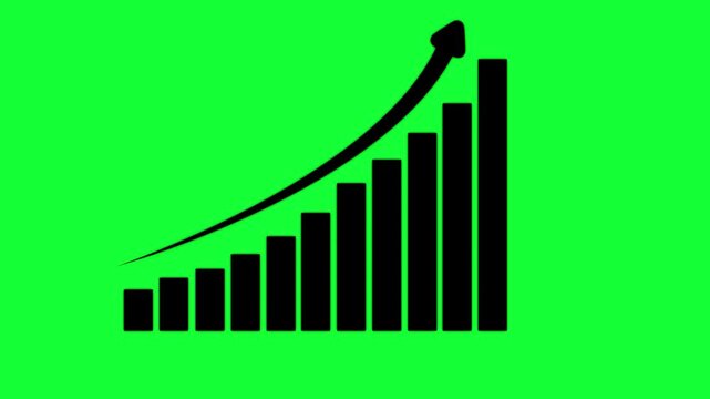 Business growth bar chart with rising arrow animation on green screen for easy chroma key compositing