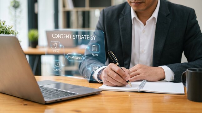 Content Strategy planning for digital marketing growth, with a professional businessman analyzing virtual data and ideating future business success.