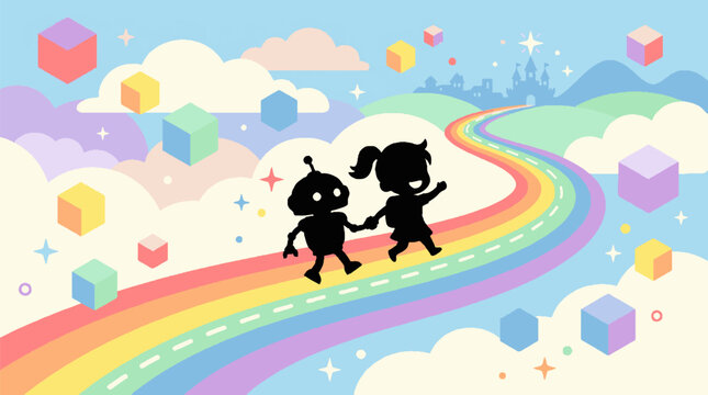 Silhouette of a girl and robot walking hand in hand on a colorful rainbow road in a fantasy sky.