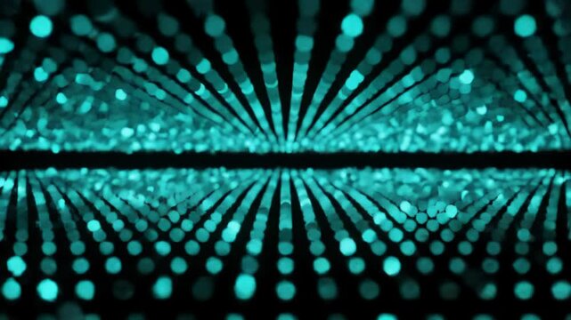 Ultra-wide immersive video of an infinite 3D grid of pulsating electric turquoise and deep teal light particles against a black void, simulating neural network activity. Concept of advanced digital