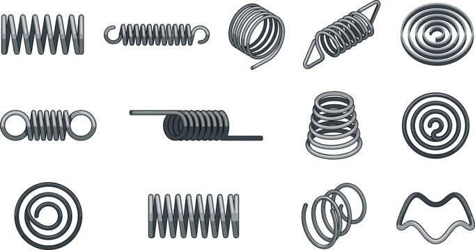 Metal Coil Spring Vector Icon Set Featuring Various Tension Compression Torsion Spiral And Industrial Hardware Flexible Components