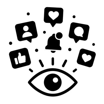 FOMO eye icon with social media notifications and engagement symbols